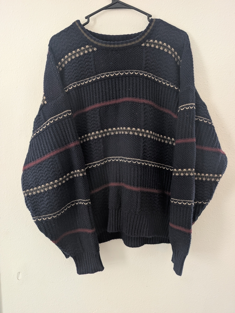 Bugle Boy Navy Crewneck Sweater with Maroon & Cream Accents